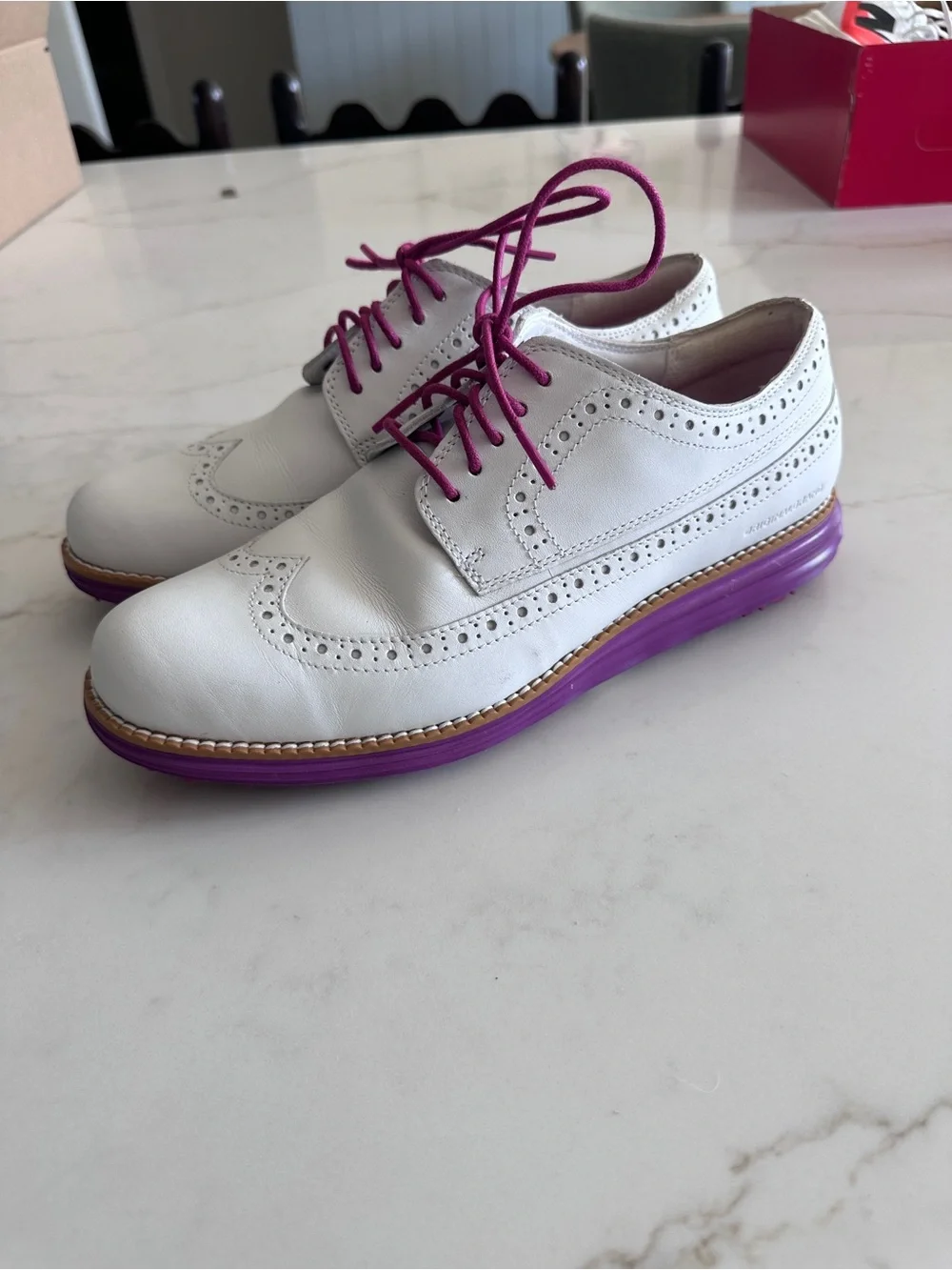 Cole Haan White Wingtip Golf shoes with Purple Sole and Pink Laces